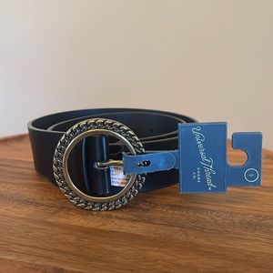 Black leather belt with decorative buckle